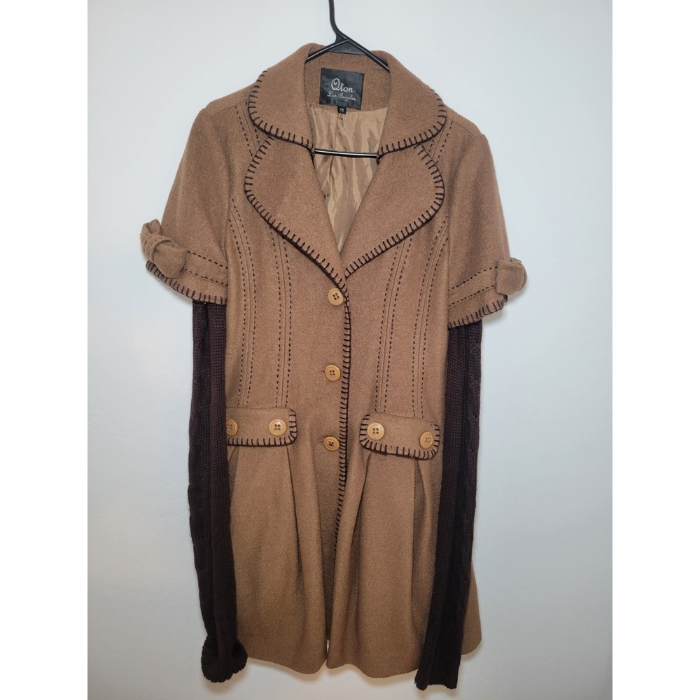 Qxon Los Angeles‎ 100% Wool Brown Trench Coat Womens Size M 3 Button